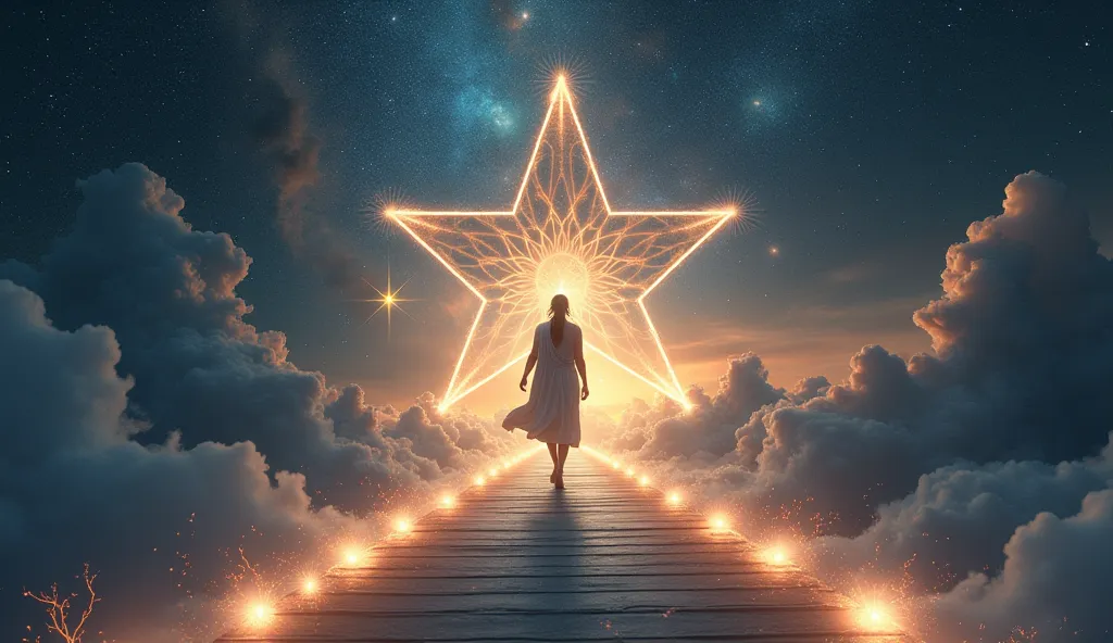 A spiritual traveler crossing a star bridge, heading toward an unknown destination, but guided by light.