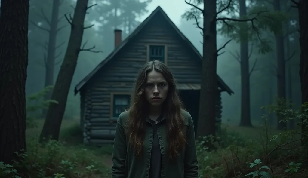 A young woman is standing right in front of a wooden house in the middle of the forest, her face is very scared. It is night