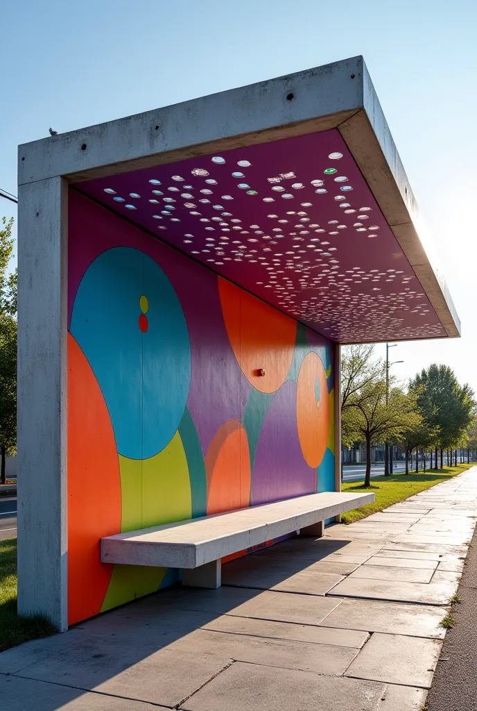 An urban concrete art bus stop would have a sturdy structure with high-relief walls of geometric shapes such as circles and triangles. Its design would include vibrant colors such as purple, yellow and neon blue , inspired by urban music. It would have erg...