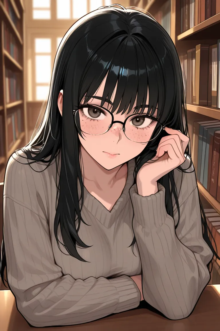 Create a tired looking, attractive woman with hazel eyes, long black hair, freckles, glasses, in library