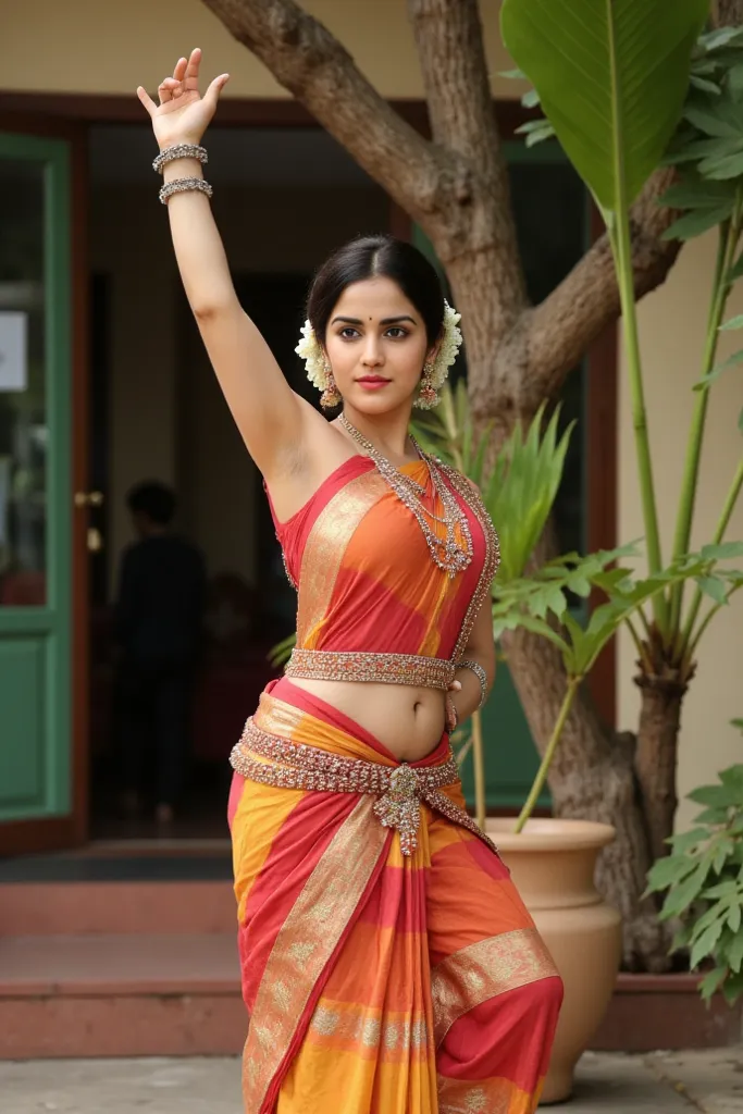 Indian curvy chubby female aged 30 with indian skin tone wearing indian classical dance bharatanatyam costumes and dance pose in outdoor kerala home