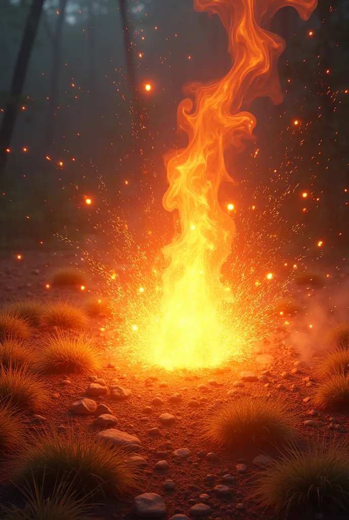 Scenario: A magical and vibrant environment, focusing on a point of impact of a controlled fire explosion. The background may be an open field with dry grass and small flares around, or a mystical environment with flaming runes on the ground.

Main Effect:...