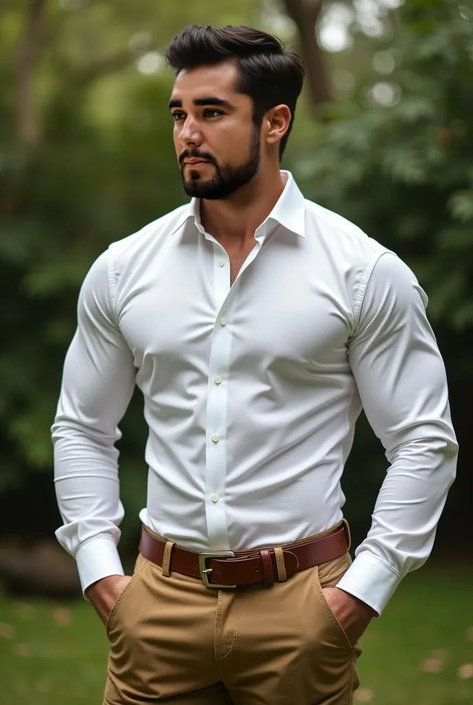 realistic photography, 35-year-old muscular (((athletic man))) , brushed to the side, view From below, nalgon in profile, stripe white formal shirt and very tight khaki levis 501 jeans, brown belt, in profile, Big butt, viendo a cámara, black eyes, in the ...