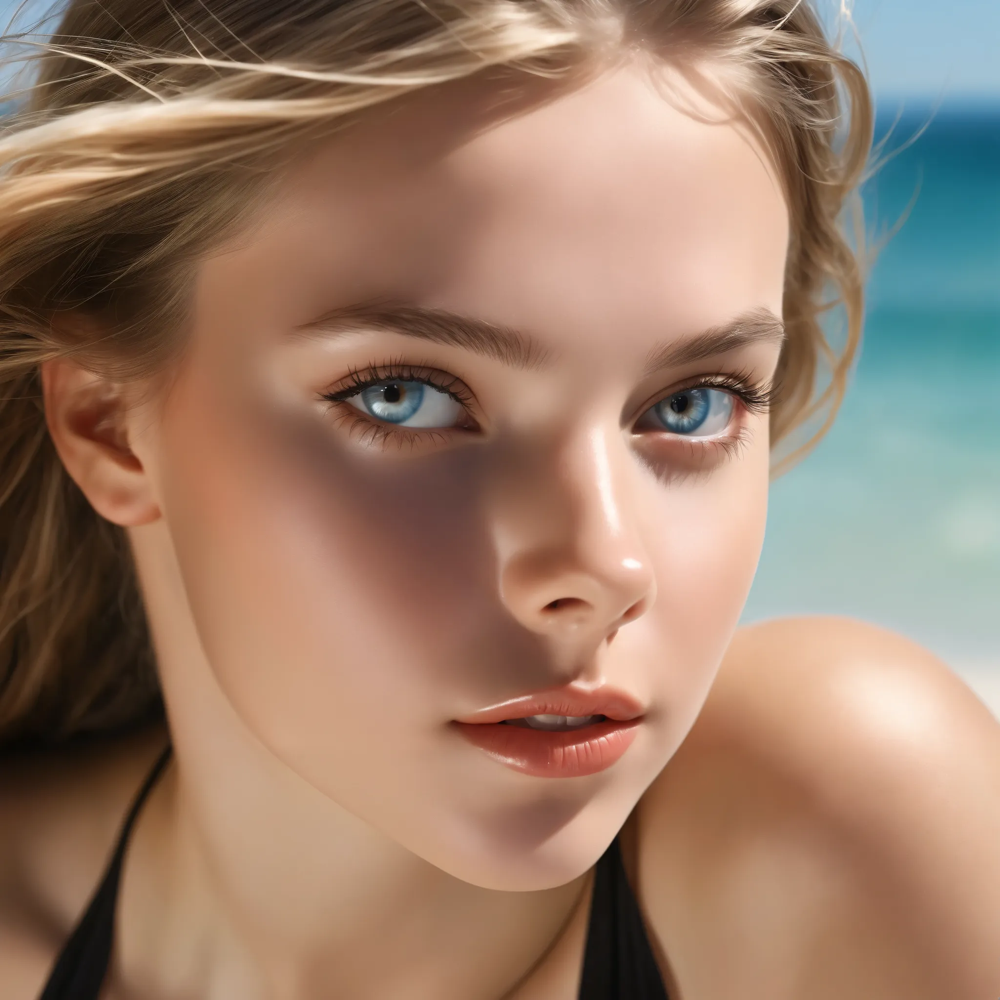 Create a stunning, ultra-detailed, photorealistic full-body shot, medium wide shot, of a slim, petite white girl with bright blue eyes, a large breasts and a modern hairstyle, sunbathing on a warm, sandy beach under the golden sunlight, just where the wate...