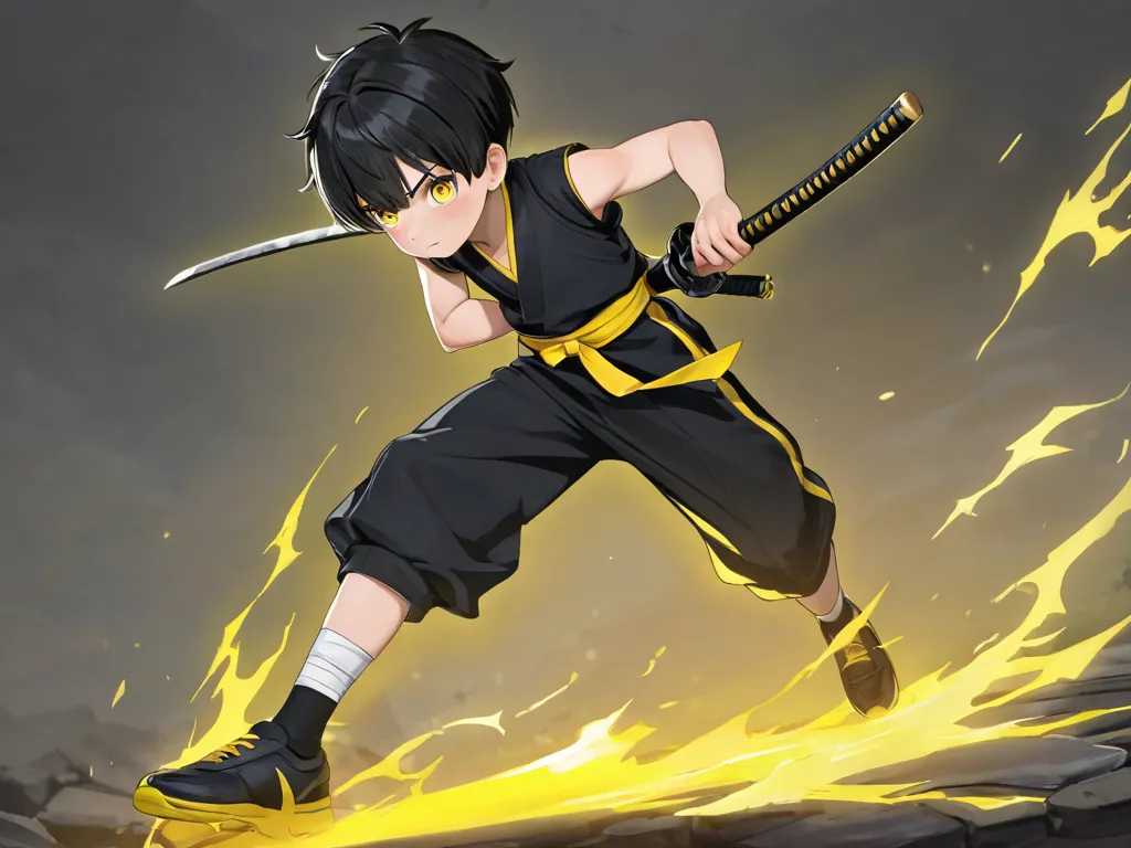 young boy, with a katana, full body with Legs bent as if they were going to run with aura yellow big black hair, yellow eyes