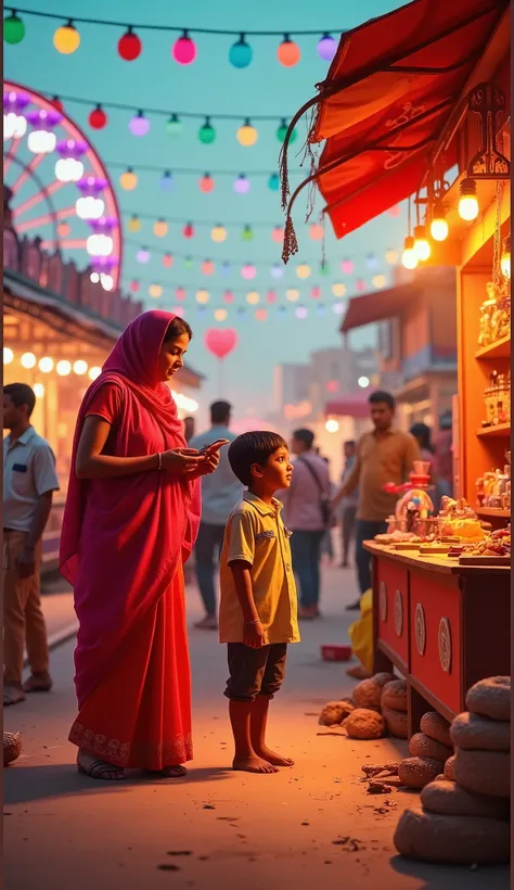 Create an image of a bustling mela (fair) scene in a rural or small-town setting. The environment is filled with colorful stalls, carnival rides, and people enjoying the festivities. The focus is on a young boy (around 7-) standing outside a small shop wit...