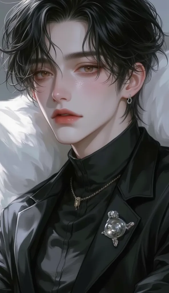 bad，  black hair， Fitness，  bed sitting position，Head perspective  ，find，   Korean Comic Style   ，  depressing， good condition ，  very handsome  oval-shaped face， wet hairstyle   ， Attractive brown eyes   ，   very handsome  , black suit shirt,  Enquiry, 