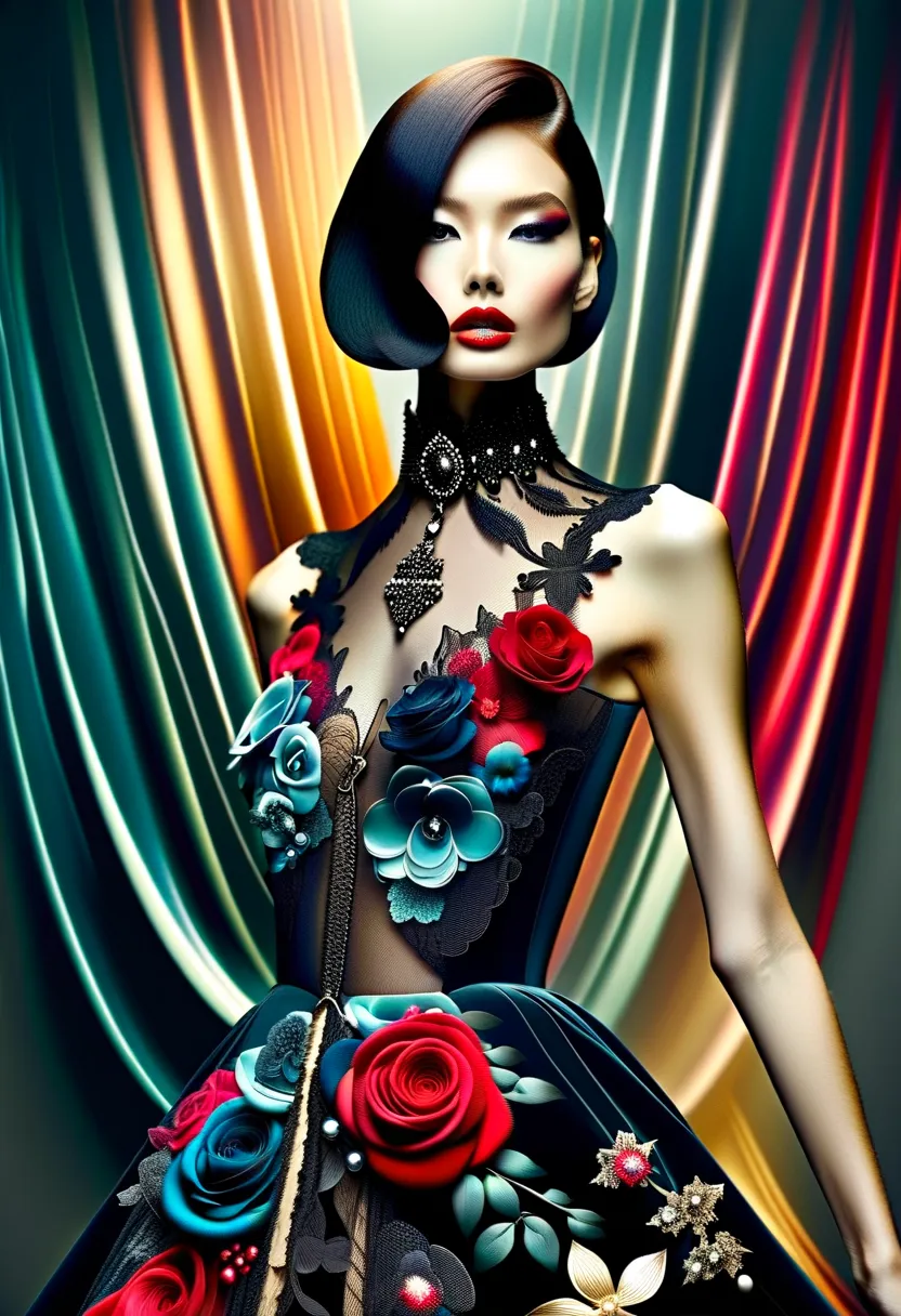 in style of Alberto Seveso, beautiful details，（Paris fashion show），beauty model，gothic art，dream，Using Luminogram photography style，
collar，reveal without revealing，curve，Vertical slender，Gorgeous，Black velvet
silhouette：Fitted and tight，Acute triangle，str...