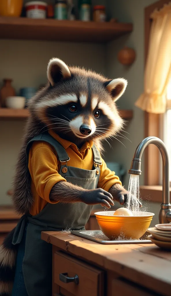 A raccoon farmer in an apron cleans the kitchen: washes dishes under the sink faucet