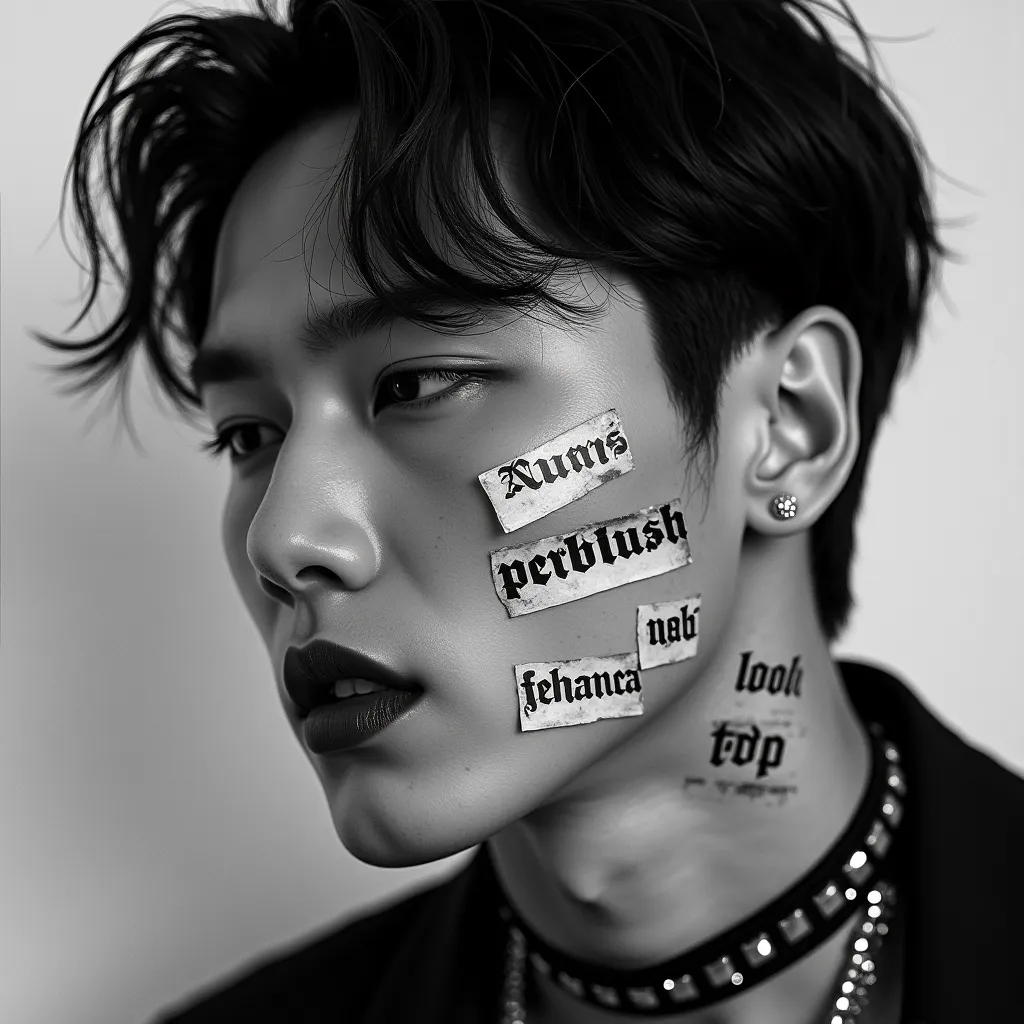 The image is a black-and-white album cover featuring a close-up portrait of Korean handsome muscular man. He has a bold expression with wet, wavy hair slicked back, dark lipstick, and a choker necklace. The left side of his face is overlaid with newspaper ...