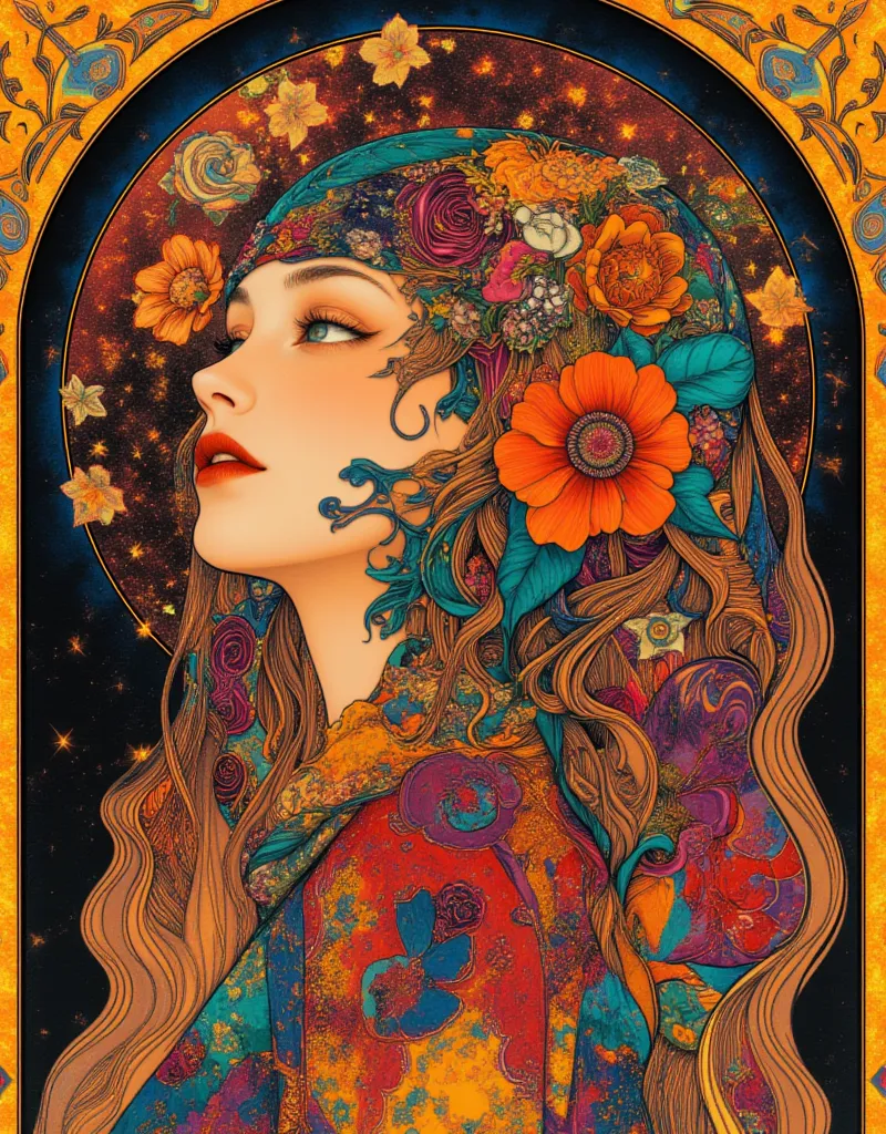 a woman with long hair and flowers in her hair, Hippie girl  , Beautiful retro art,  Hot Summertime Hippies , 70s vibe, 1960s flower power hippy, groovy vibe  ,  art deco  flower shaman, woman in flowers, Lots of atmosphere, flower , 70's psychedelic style...