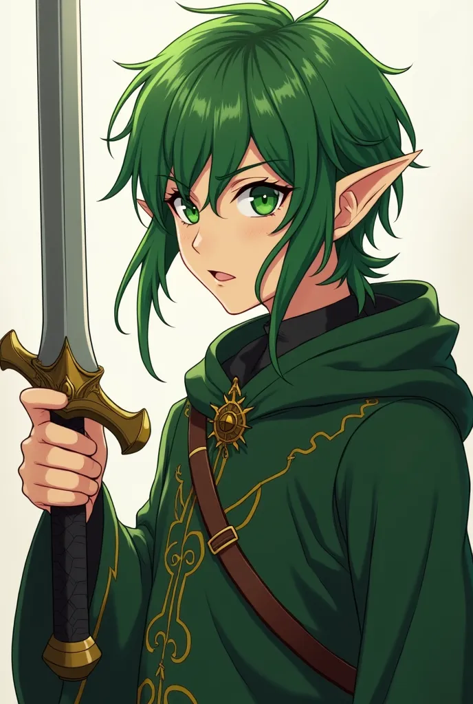 Anime character with green hair and green eyes holding a sword, a male elf, handsome guy in demon slayer art, a portrait of a male elf, Handsome male elf,  Elf male ranger , Young half-elf wizard ,  A portrait of an elf ,  elven character with an ironic sm...