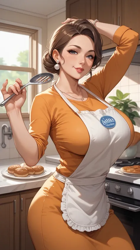  is a mature woman ,big breasts,housewife,Wearing a, costumes : in the kitchen ,indoor place,. Look at this way,Anime Style, of the highest quality, dancing otter. Highest picture quality, bib is very detailed