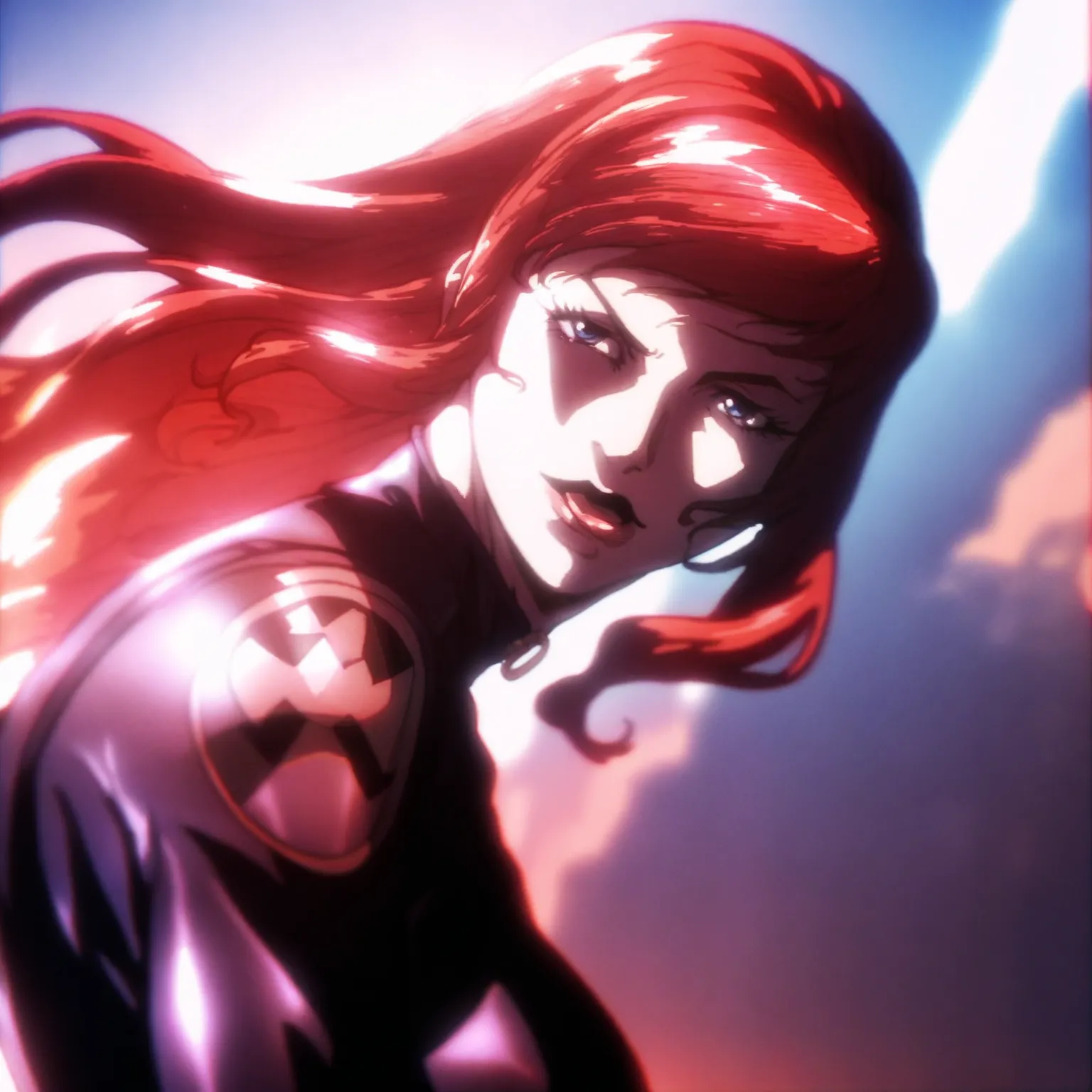 BlackWidowAnime, 1girl, bodysuit, red hair, long hair, big breasts, bị trói và tra tấn