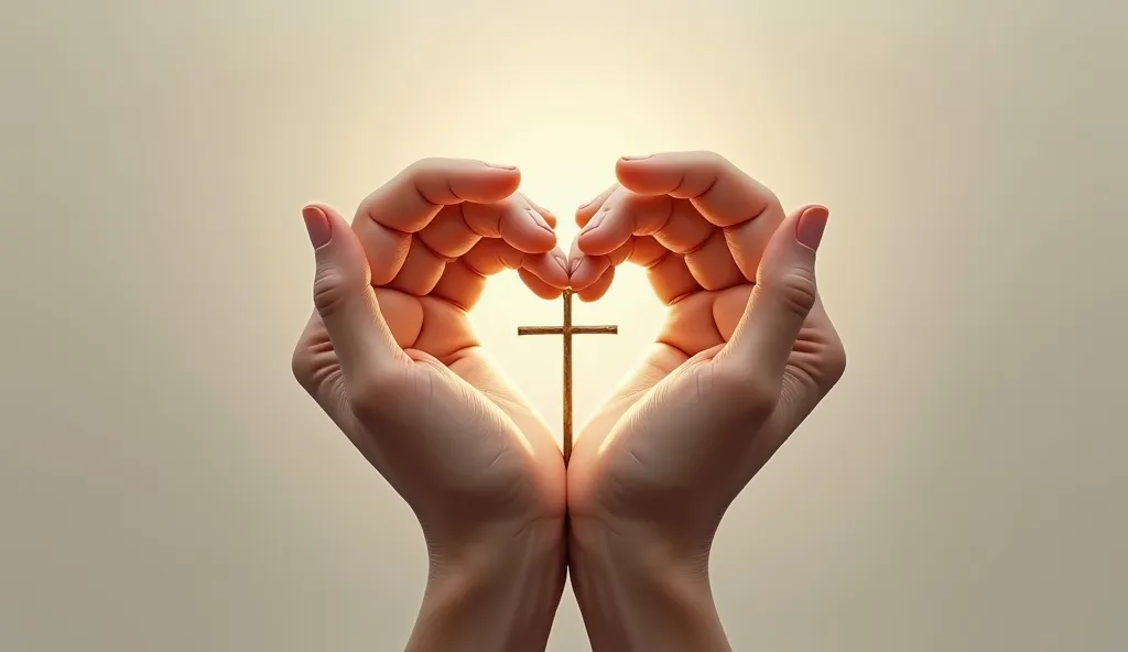 A cross at the center of a heart formed by two hands 