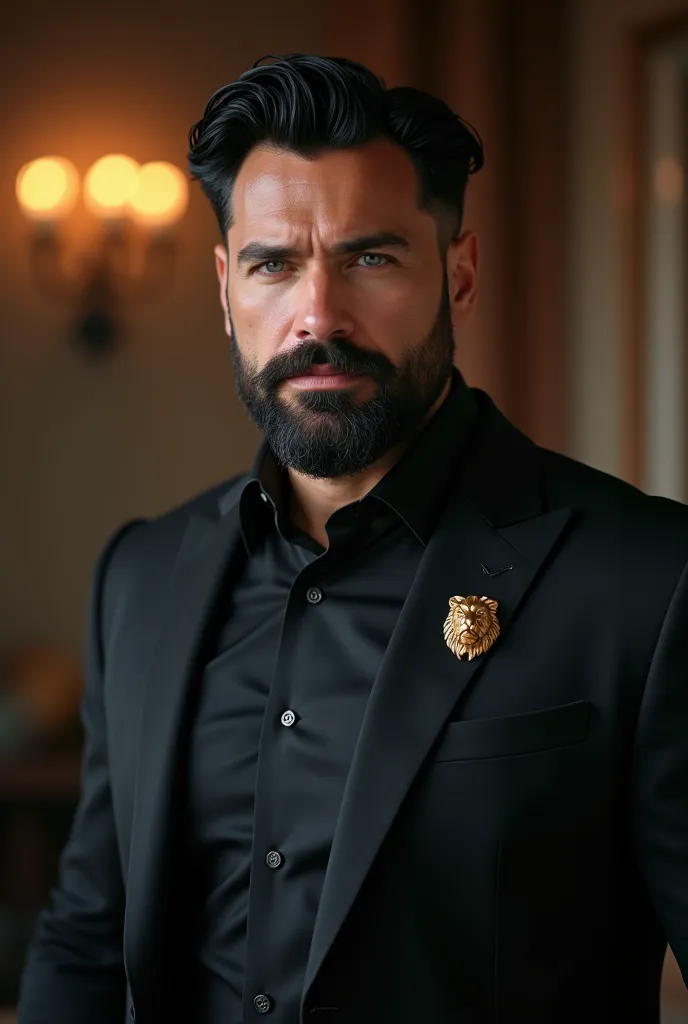 a beautiful attractive man, politician, black hair, large fit man, clean cut beard, strong jaw, piercing blue eyes, professional expression, brown-skinned, standing in a professional office, facing forward in a professional pose, serious expression, black ...