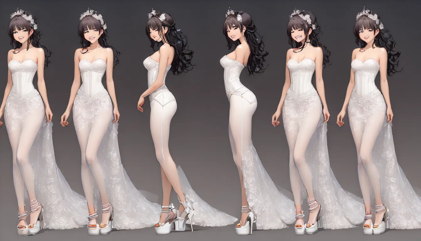 ((masterpiece)),(((Highest quality))),((Character design sheet)), rinoa Heartilly, FFVIII, sexy Thin thighs,sexy Long legs, silver choker, silver earings, sexy black makeup, (wearing a sexy white lace strapless corset wedding tight dress and sexy white pla...