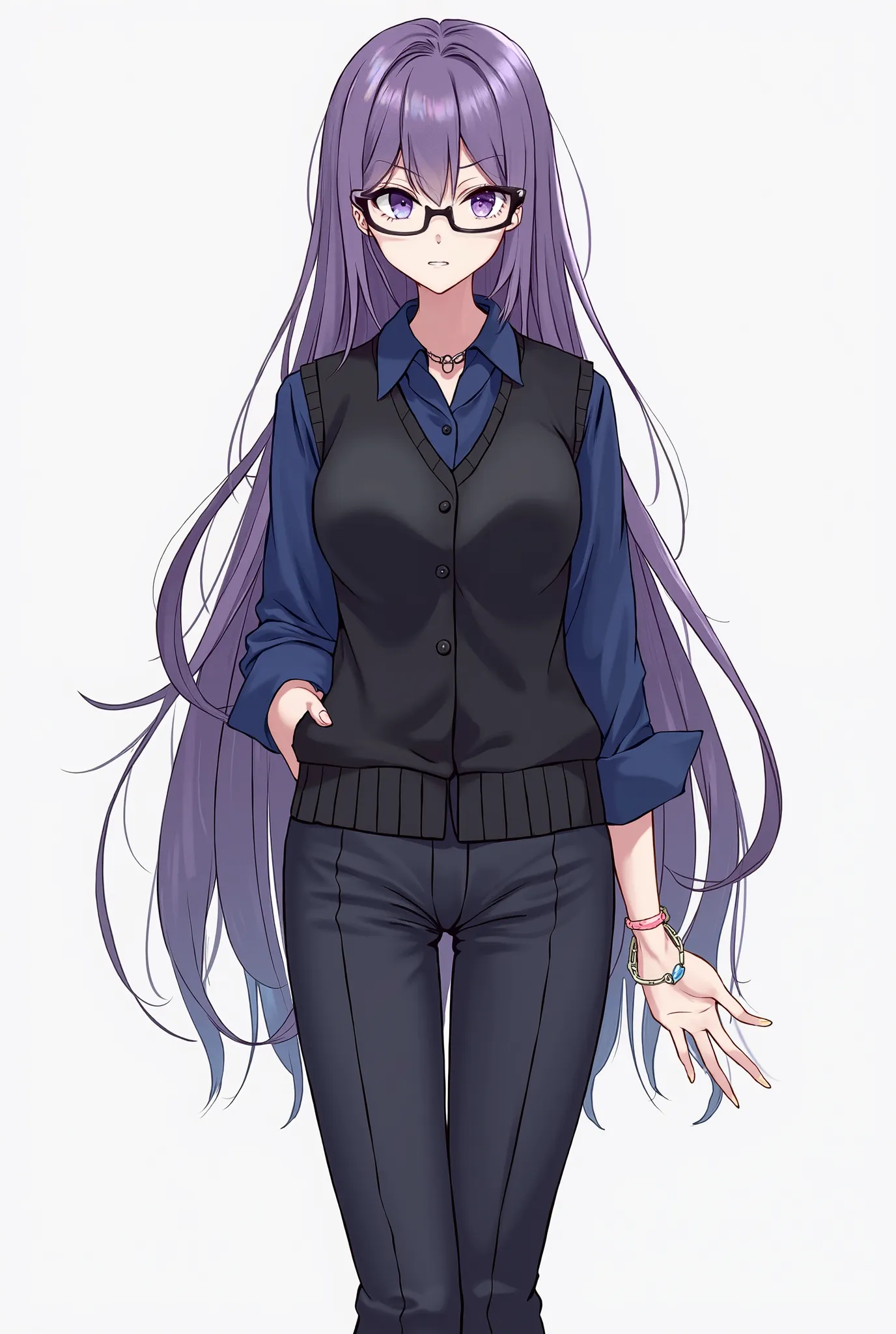 Draw a tall woman with long loose purple hair wearing dress pants and a dark blue shirt with a wool vest on without buttons( Like in a black Japanese school uniform), shoes and glasses, I also want her to have a necklace and purple eyes. The sleeve from th...