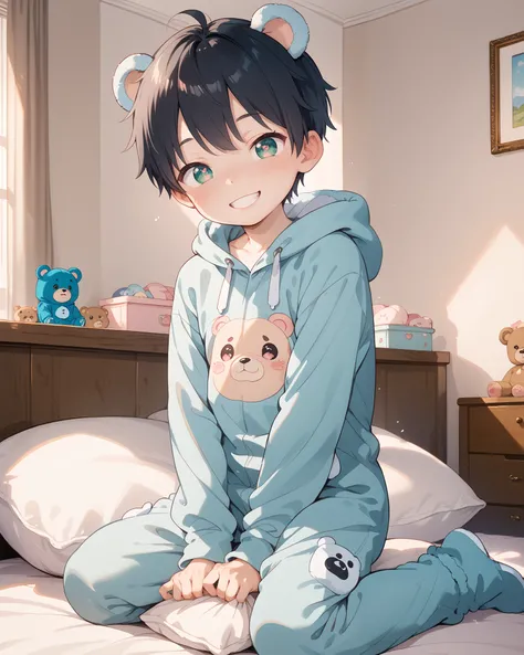 comic style, cute boy from the comic anime , black hair , green eyes, slightly blushed, is a primary school boy , clothes Baby, bear onesie , beautiful face, big eyes , cartoon style , boy size shota , slim body, room, erotic photo, young age, Aeghao, hear...