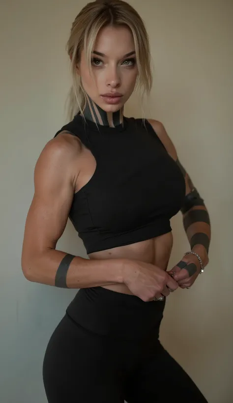 Realistic photo of beautiful 1girl solo katopunk, in a black gym outfit, realistic, soft lighting, professional Photography, Photorealistic, detailed, RAW, analog, sharp focus, 8k, HD, DSLR, high quality, Fujifilm XT3, film grain, award winning, masterpiec...