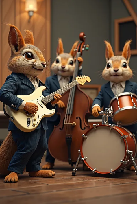 Create an image in which there are three squirrels dressed in suits playing a white stratocaster, one a double bass and another the drums 