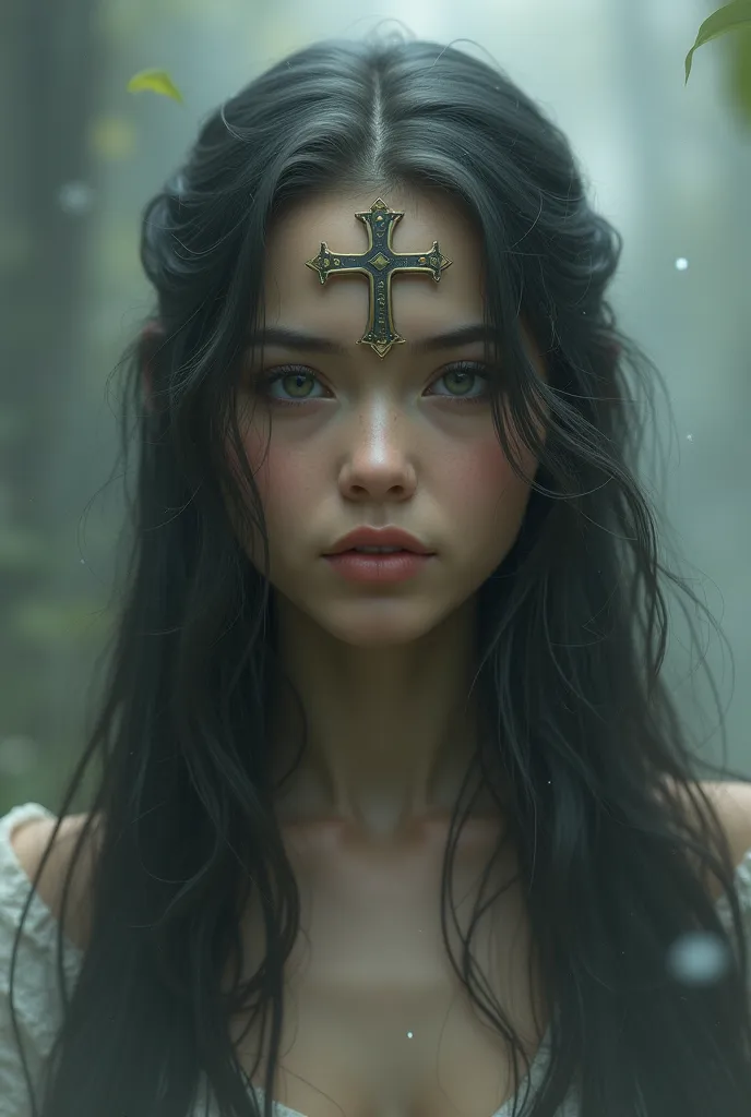 A girl with long hair with an ash cross on her forehead