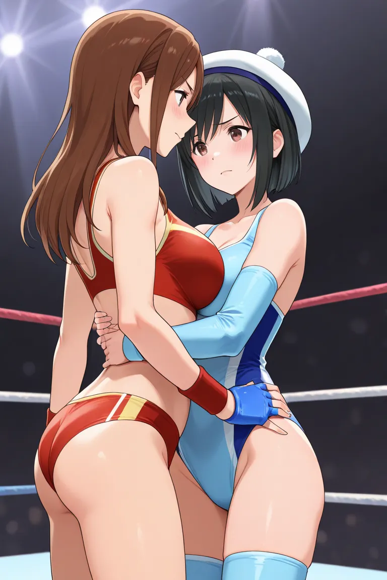 Women's wrestling match scene,Two female wrestlers, Tam Nakano vs Saya Kamitani, two people who hate each other, two people who strip each other,