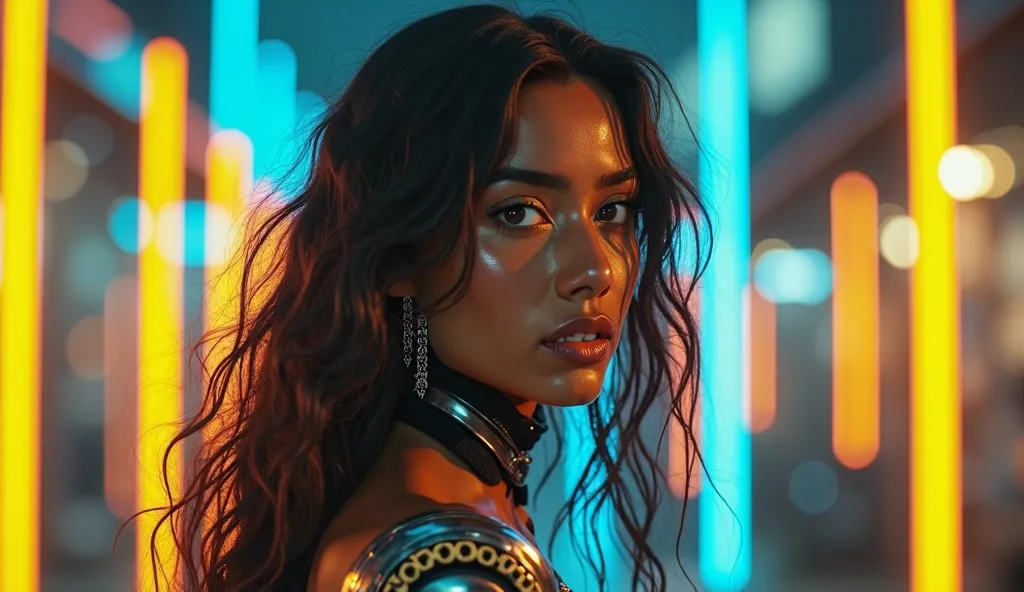 a beautiful Indian woman with flowing hair, with robotic parts in the cyber punk style, in a night environment in India with yellow and blue neon lights