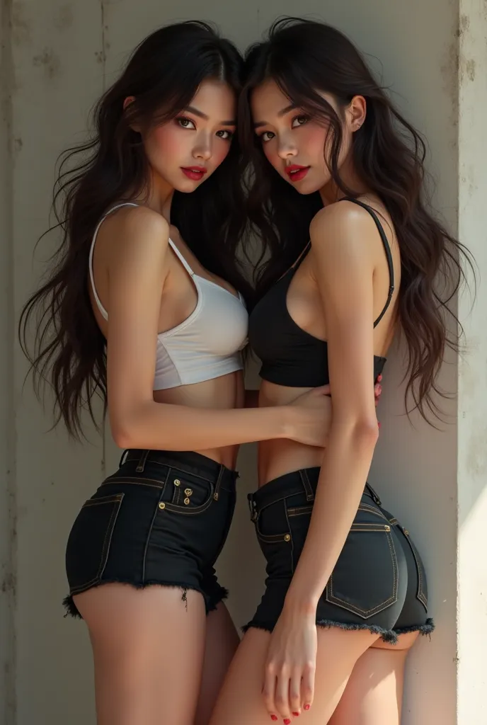 2 beautiful girls, long hair, red lips, shirt mini skirts, suspenders, no shirt, no bra, nsfw, 