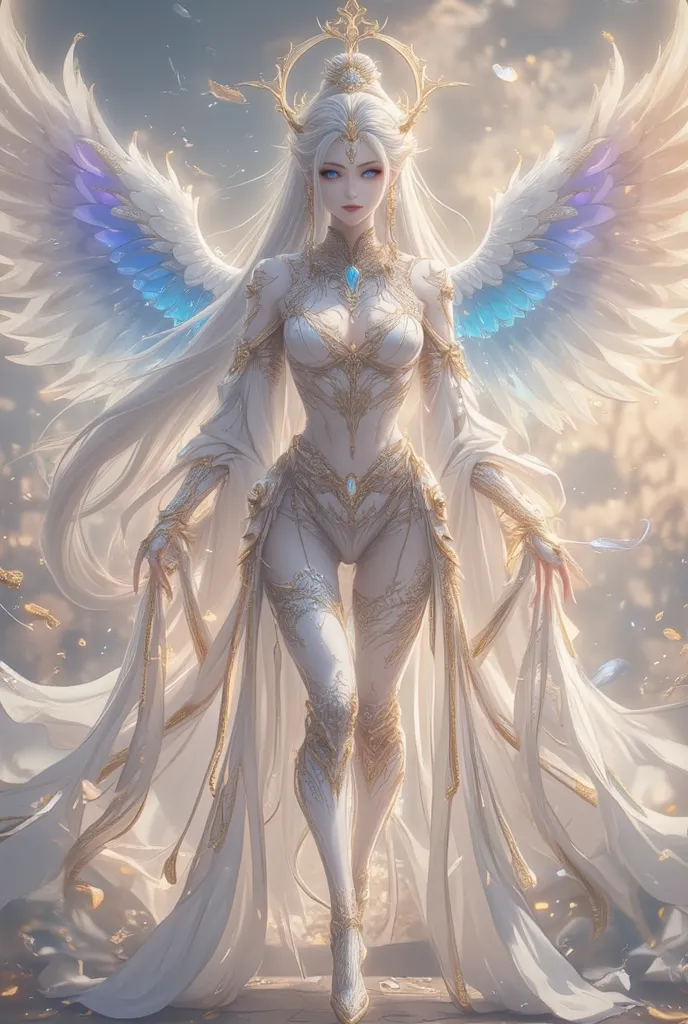 Make an elf female character long white hair finely unraveled and my eyes are blue easy like diamonds and look beautiful and sexy and enchanting and look beautiful 

The pose hovers in the wingless sky around her aura of glowing gold and blue hues

Her dre...