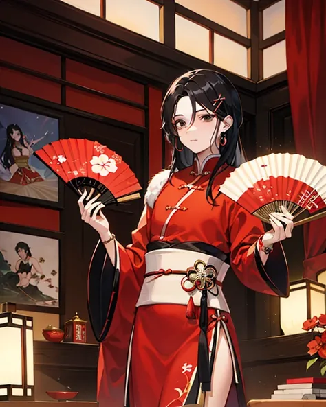 beautiful young man, long black hair, black eyes, male geisha, male courtesan, red clothes, slender-waisted, delicate figure, man dressed as woman, hairpins, light makeup, earrings, chinese style room, jade bracelet, chinese fan, dance.