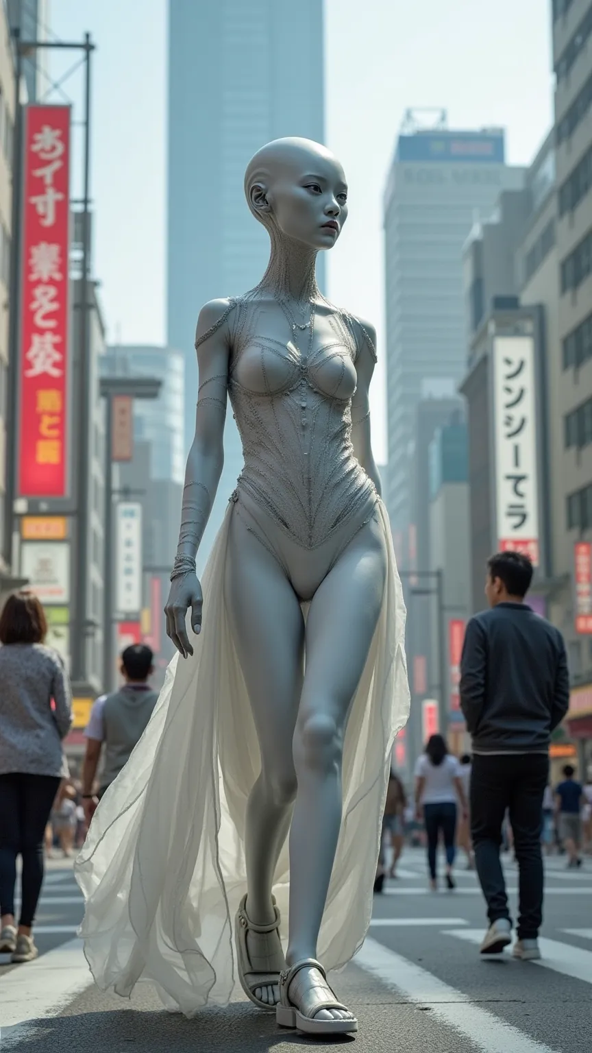 「A scene of a grey-skinned alien woman walking through downtown Tokyo。She's not an earthling、alien being、The outfit is depicted as a futuristic and elegant。locals with surprised expressions in the surroundings々is walking、 I'm eyeing her 。A modern cityscape...