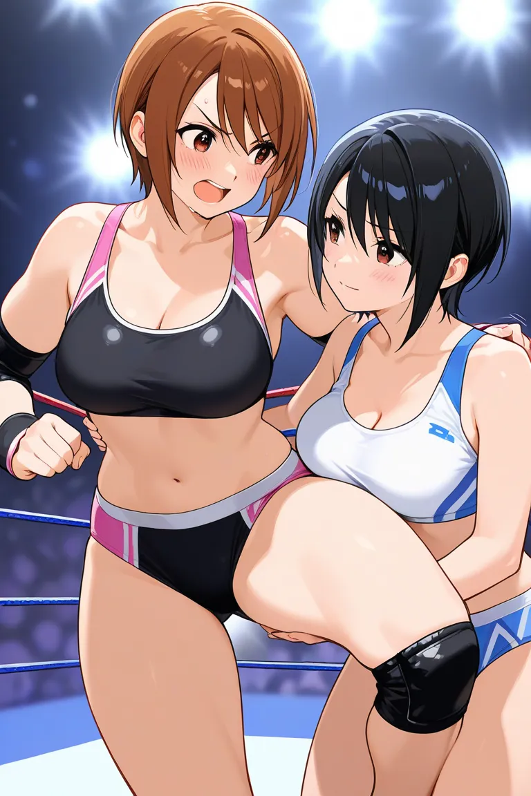 Women's wrestling match scene,Two female wrestlers, Tam Nakano vs Saya Kamitani, two people who hate each other, two people who strip each other,