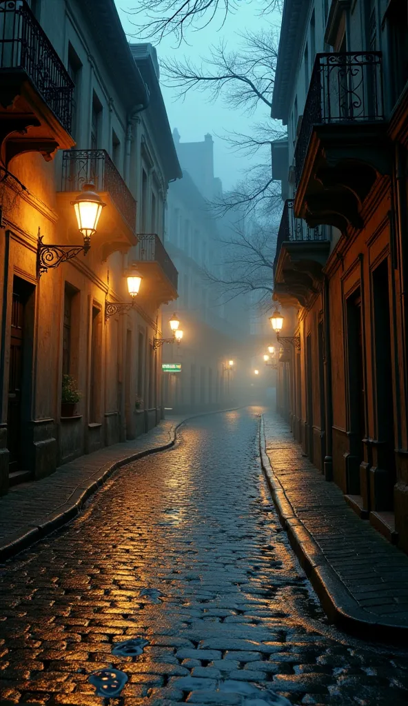 A wet cobblestone street at night without people.
