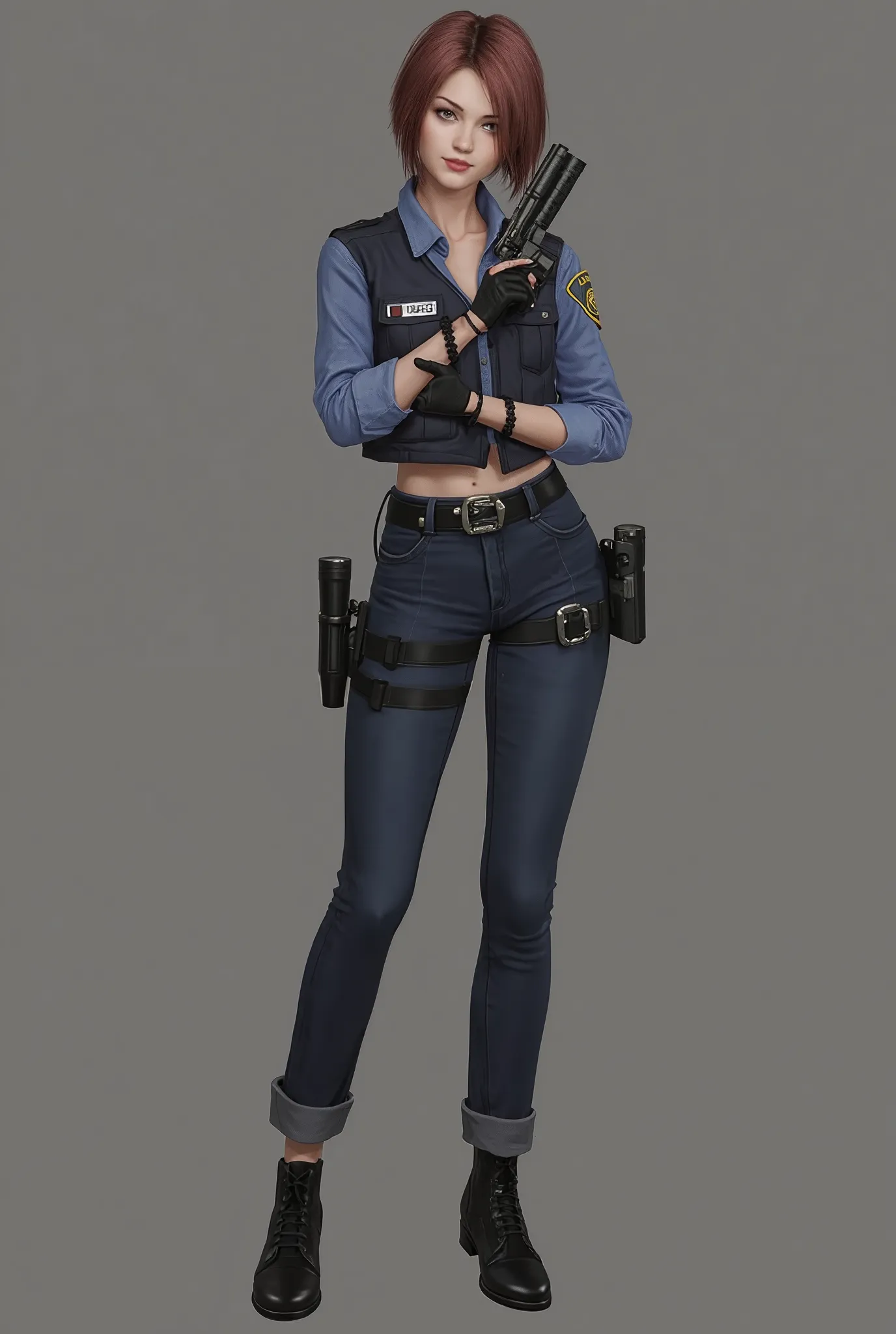 Create a police character similar to Jill Valentine by resident evil 3 remake designer but stylized or anime style, with tight jeans.