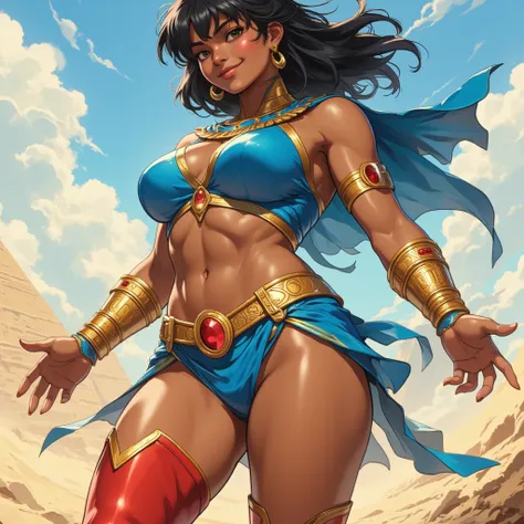 illustrate an egyptian super heroine. she wears a blue top and blue pelvic curtain, with exposed midriff and thighs. Her clothes are tight and have gold trim. She wears a gold belt with a round red gem in the middle of the buckle. She wears engraved gold b...