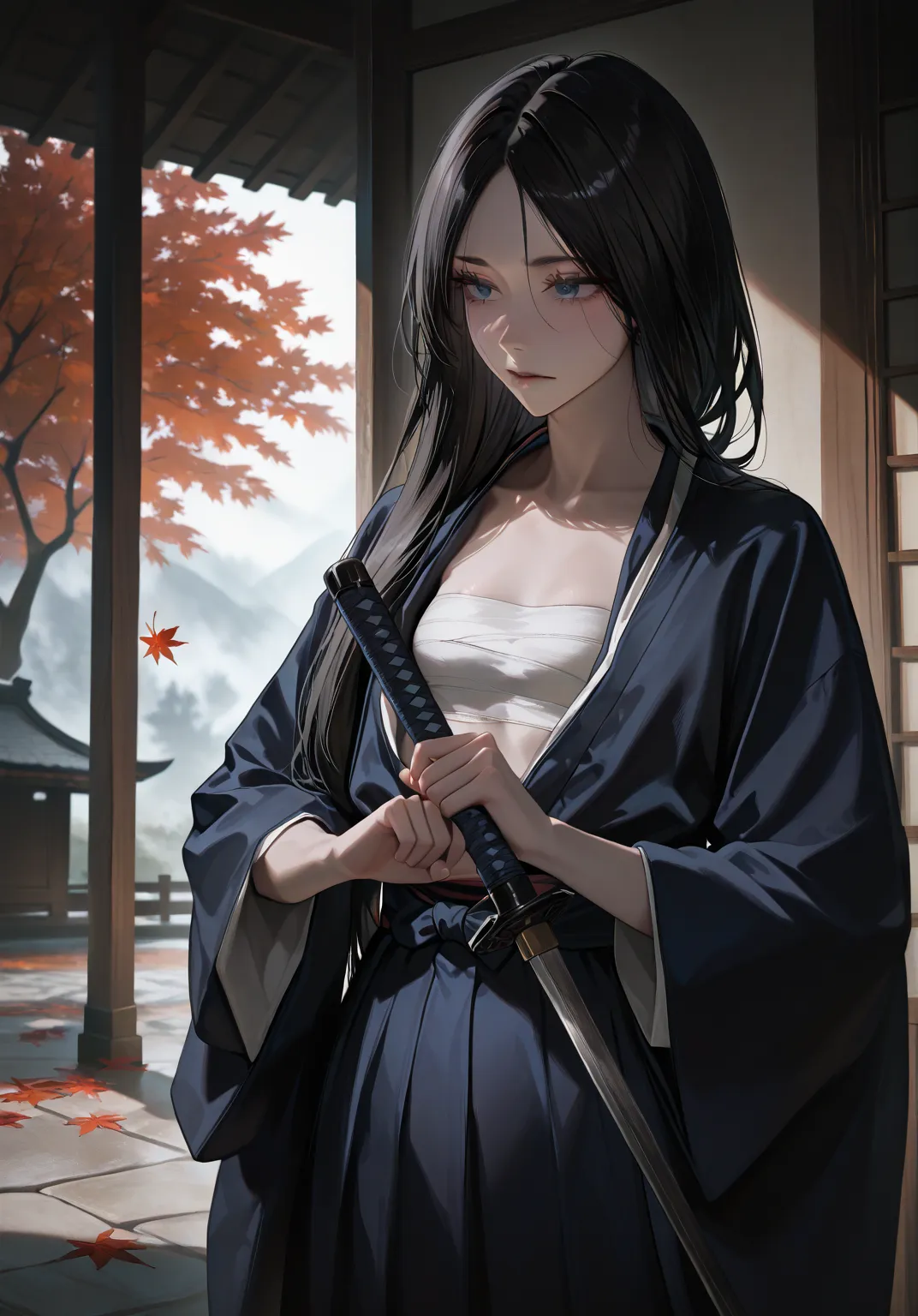 (young) Unohana Yachiru. 
dark blue kimono, fully dressed, closed kimono, sarashi, intricate details, masterpiece, best quality.
(1 girl, newest, yach1ru, beautiful, petite, skinny, perfect body, perfect face, blue eyes, (black hair, long hair, stright hai...