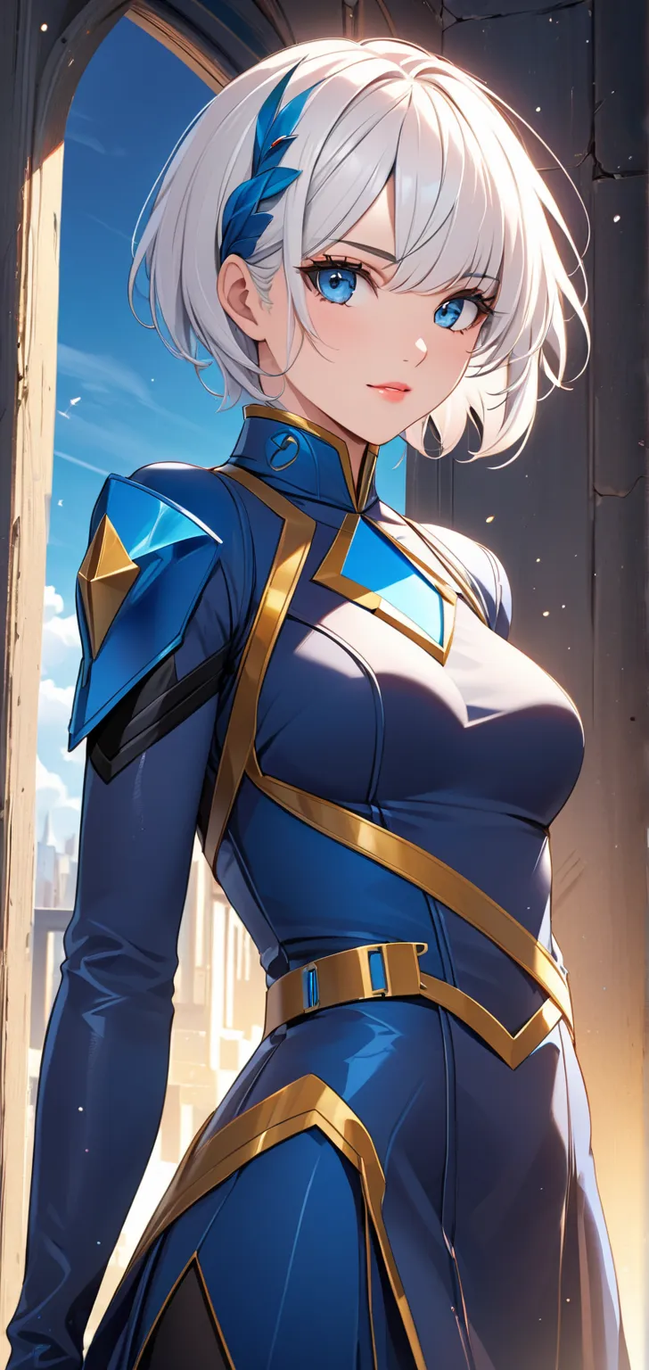 ultra high resolution, rich colors, Perfect image,  blue hero suit dress  ,    detailed image, Hermosa Nicole okami, short hair, blue eyes, white hair, , medium breasts,