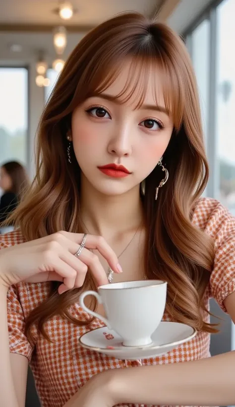 8k, Masterpiece, Top Quality, Close-up, eye-level, auburn, waves, curls, gingham, dress, short sleeves, button-down, teacup, coffee cup, earrings, ring, necklace, retro, diner, cafe, orange, chrome, plaid, seated, nostalgic, romantic