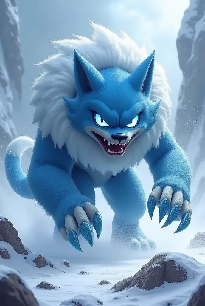 Garurumon is depicted in a dynamic pose, with a growling facial expression, as if he is preparing for an attack. The icy cold is clearly visible due to the frosty, foggy environment and the icy claws, That hit the ground. His blue fur shines in the cold en...