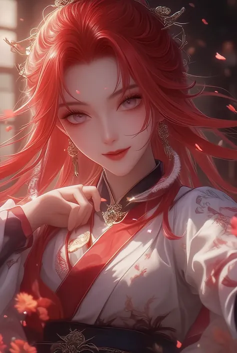 Close-up of an improved masterpiece:1.5)0.9], (elegant martial artist:1.2) (messy red hair:1.1) (purple eyes:1.2) ( traditional Chinese clothing:1.0) (eye twinkle:1.0) (A radiant glow:1.1) (Thin lips in a smile:0.9)