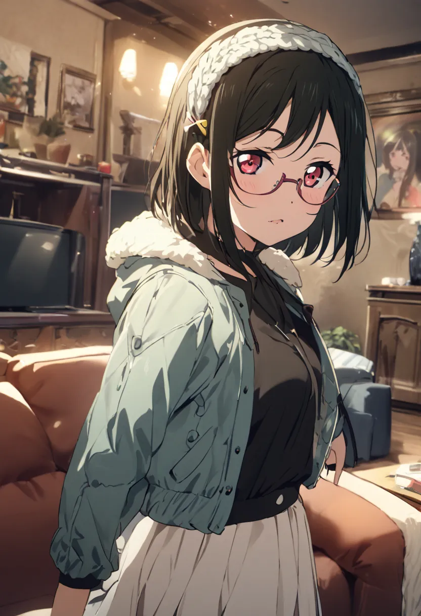 [high quality, best quality], 1girl, solo, living room, ribbon hairclip, short hair, casual clothes, winter clothes, glasses, looking at viewer, expressionless, arrogant, medium-large breast, 1fang, fang, Mifune Shioriko, Shioriko mifune, Lovelive, Love Li...