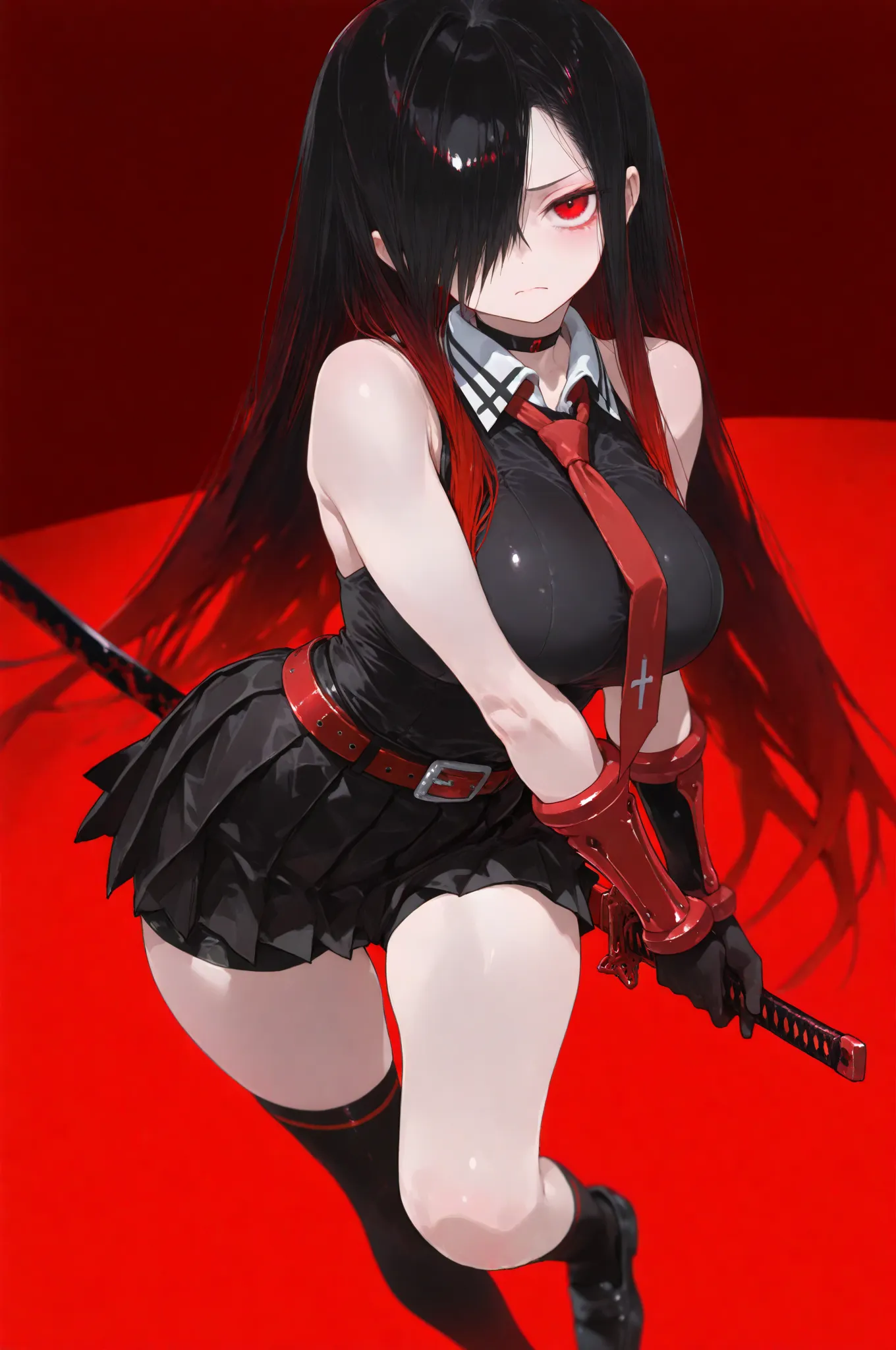 masterpiece, best quality, amazing quality, very aesthetic, from above, 1girl, Kuroki Monika, red eyes, gradient hair, black hair, red hair, long hair, asymmetrical hairline, hair over right eye, (large breasts), (petite but curvy), akame_/(akame ga kill!/...