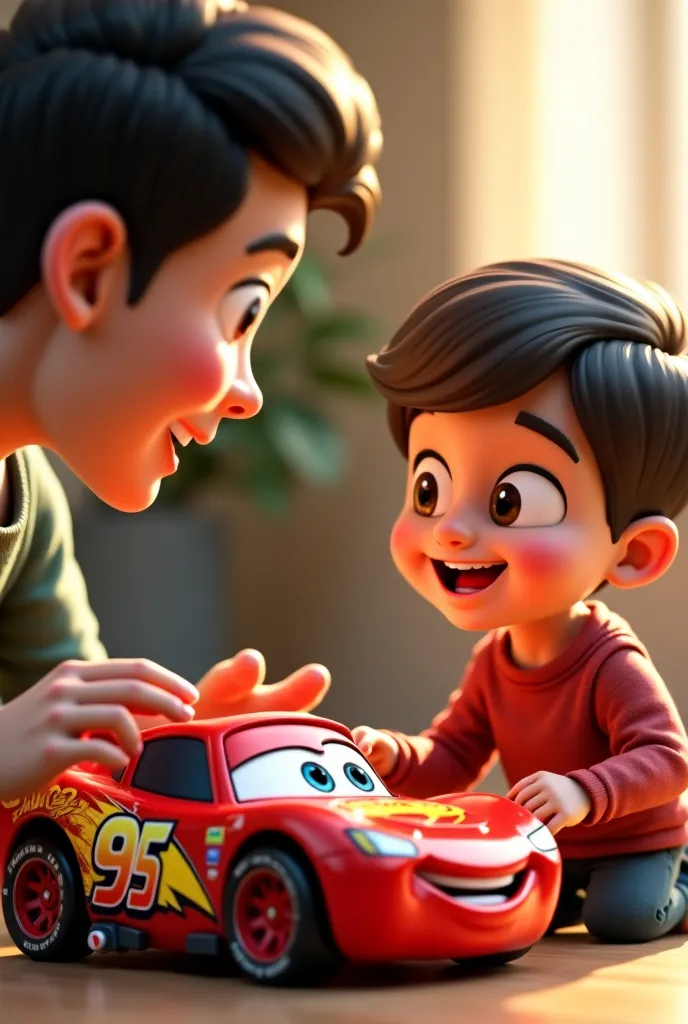 A young man gives a toy car to a young boy