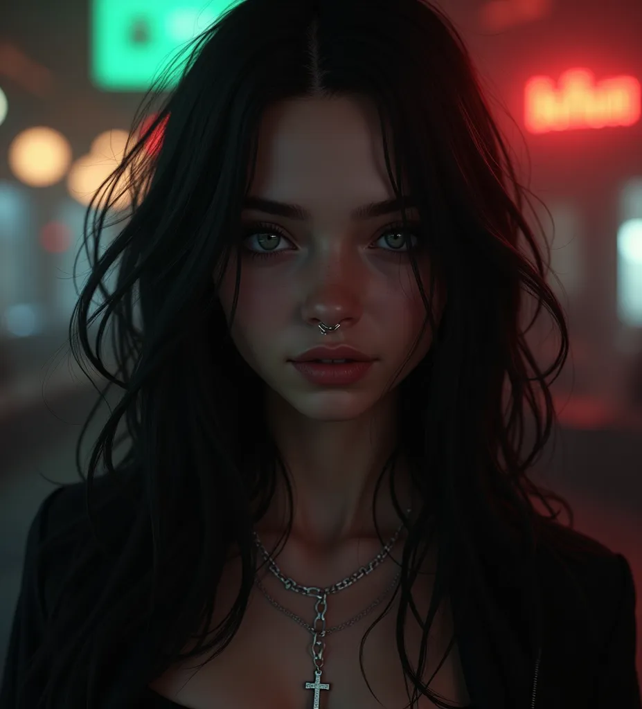  very long black hair , Open Face , green eyes, septum, cross necklace,  girl , club berlinese, Realistic design 