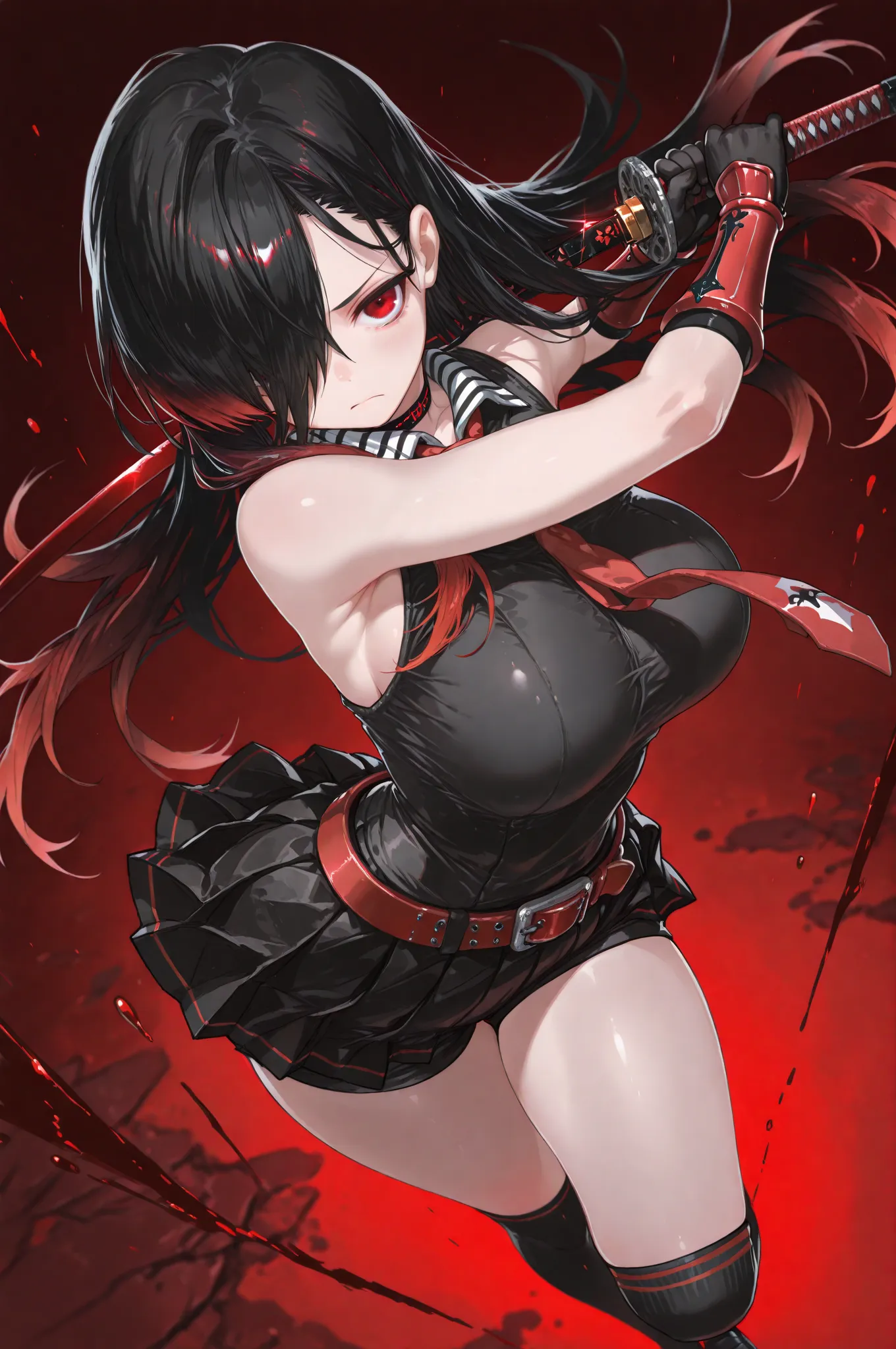 masterpiece, best quality, amazing quality, very aesthetic, from above, 1girl, Kuroki Monika, red eyes, gradient hair, black hair, red hair, long hair, asymmetrical hairline, hair over right eye, (large breasts), (petite but curvy), akame_/(akame ga kill!/...