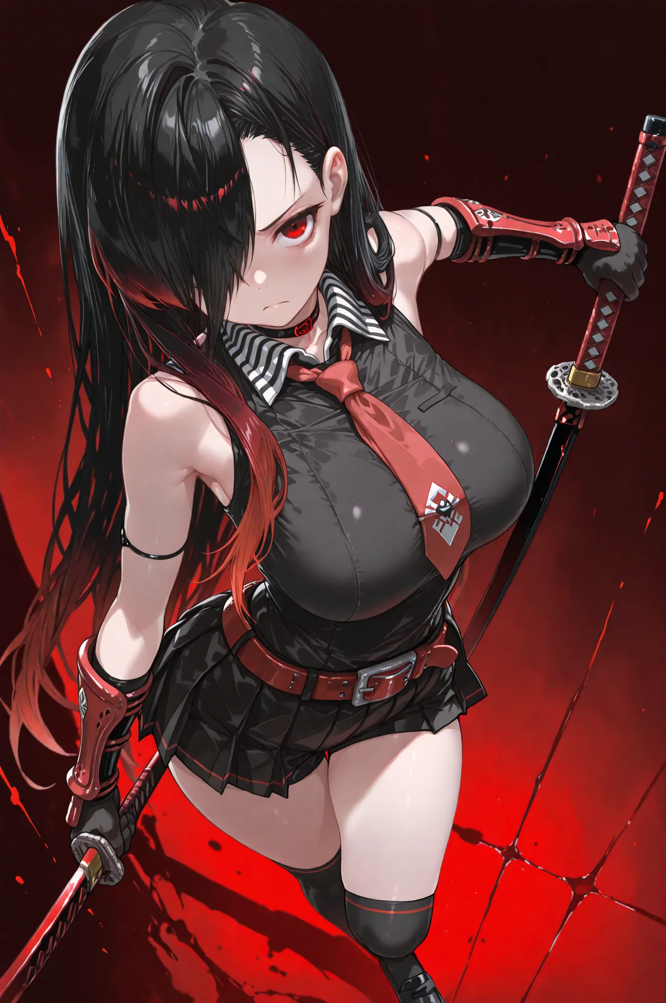 masterpiece, best quality, amazing quality, very aesthetic, from above, 1girl, Kuroki Monika, red eyes, gradient hair, black hair, red hair, long hair, asymmetrical hairline, hair over right eye, (large breasts), (petite but curvy), akame_/(akame ga kill!/...