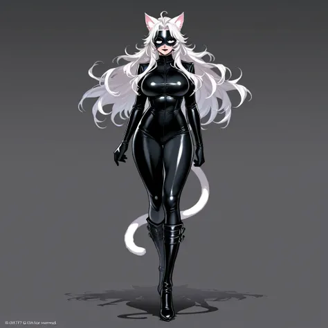 Creates an image of a heroine her name is kitty she is a beautiful 25-year-old woman and is 1 meters tall.70 meters tall, she has long, flowing and soft white hair, has intense black lips., has a sexy athletic and slender body with large breasts. She has p...