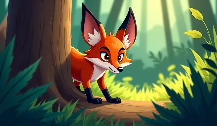 
3. The fox sneaking up behind a tree, watching the other animals from a distance. His eyes are narrowed in focus as he plans his next move, blending into the shadows of the jungle cartoon