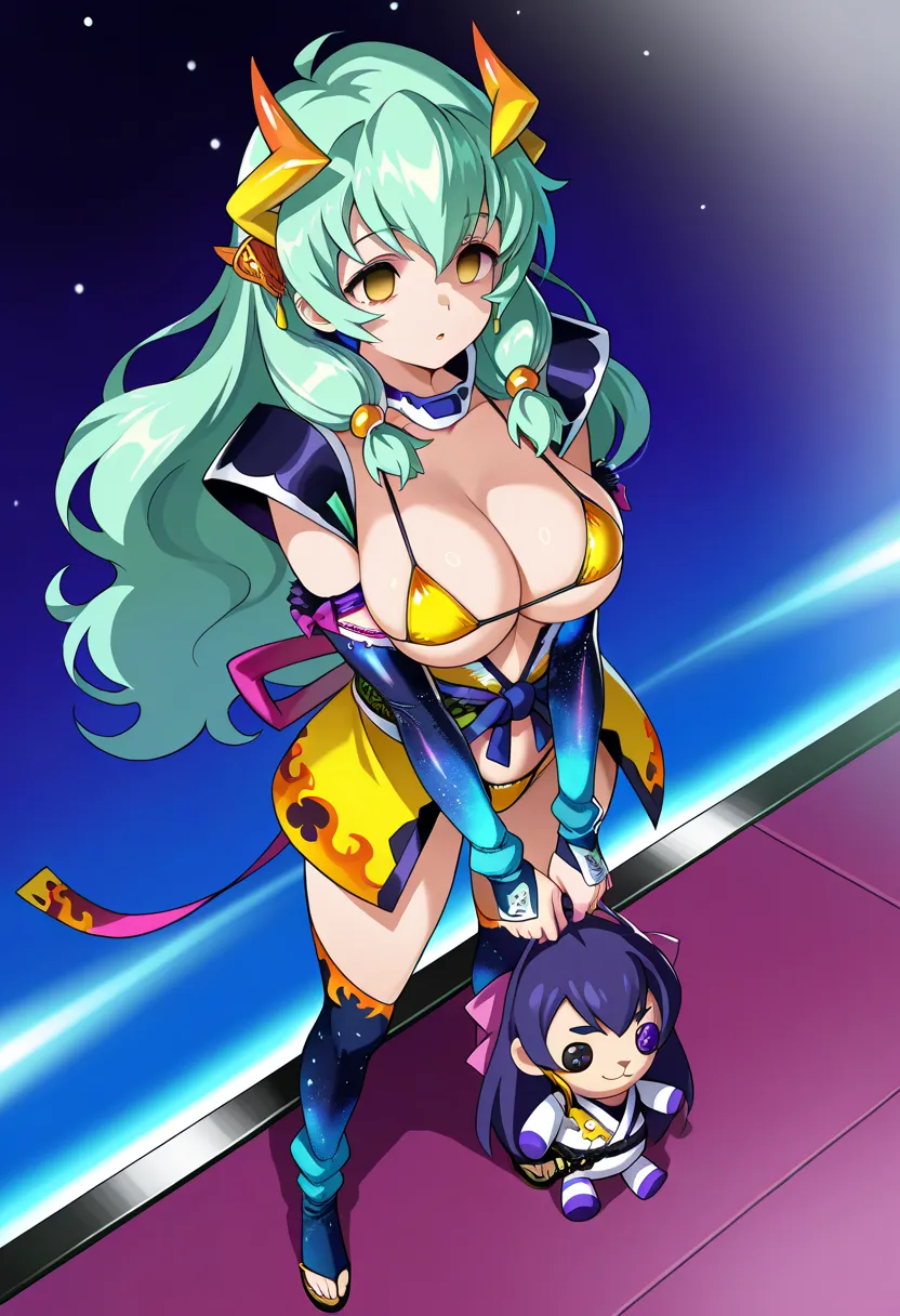 (Samurai in Space and girl and girl Plush Toy:1.5),  waiting for someone ,Wind,, large breasts,    kiyober1st, horns, hair ornament, long hair, GREEN HAIR, Yellow eyes, empty eyes, MICRO Bikini,  solo, full body, 